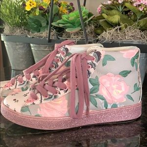 Coach high top floral and glitter sneakers.